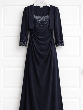 Oleg Cassini Elegant Navy Evening Dress with Embellished Bodice